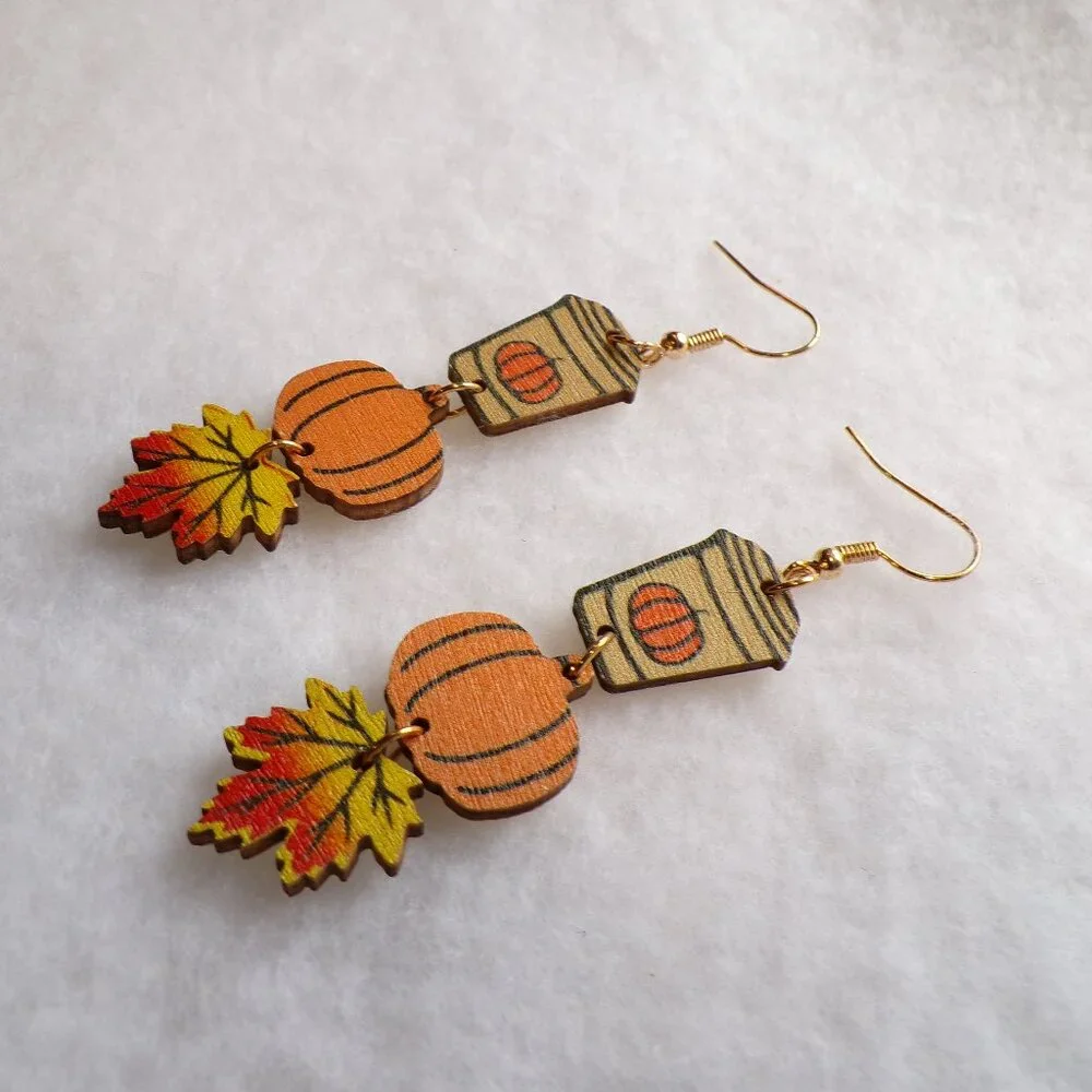 NEW Fall Wood Dangle Earrings Coffee Pumpkin Leaf